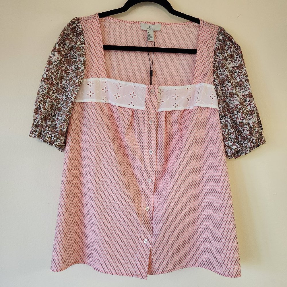 NWT H By Halston Pink/White/Brown Print Eyelet Trim, Yoke top Medium